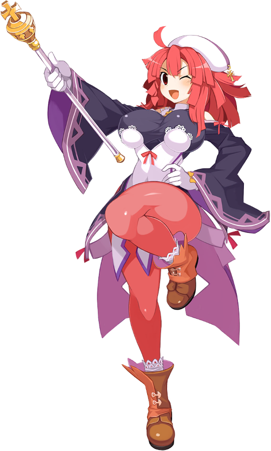 1girl bangs baton boots breasts brown_footwear coattails disgaea disgaea_rpg full_body gloves hand_on_hip headdress holding holding_weapon impossible_clothes la_pucelle large_breasts leg_up long_sleeves medium_hair official_art one_eye_closed open_mouth outstretched_arm pantyhose photoshop_(medium) pink_hair prier red_eyes solo traditional_media weapon white_gloves wide_sleeves