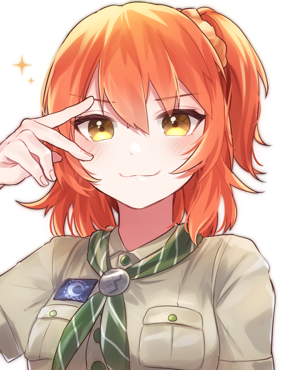 1girl :3 bangs dress_shirt eyebrows_visible_through_hair fate/grand_order fate_(series) fujimaru_ritsuka_(female) green_neckwear grey_shirt hair_between_eyes hair_ornament hair_scrunchie highres looking_at_viewer medium_hair neckerchief orange_hair orange_scrunchie scrunchie shirt short_sleeves side_ponytail solo soramame_pikuto striped striped_neckwear uniform upper_body white_background yellow_eyes