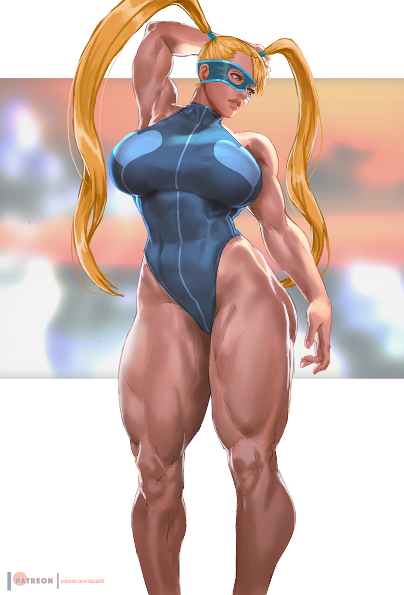 1girl arm_behind_head arm_up armpits blonde_hair blue_eyes blue_swimsuit breasts brown_lips competition_swimsuit covered_abs feet_out_of_frame fingernails heart heart_print highres huge_breasts lips long_hair muscular muscular_female nose one-piece_swimsuit print_swimsuit rainbow_mika rejean_dubois solo street_fighter swimsuit tan thick_thighs thighs twintails very_long_hair wrestling_mask