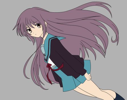 alternate_hair_length alternate_hairstyle aqua_belt aqua_sailor_collar aqua_skirt black_jacket closed_mouth expressionless grey_background jacket long_hair lowres nagato_yuki purple_hair red_ribbon ribbon sagittamagica school_uniform serafuku shirt skirt suzumiya_haruhi_no_yuuutsu white_shirt