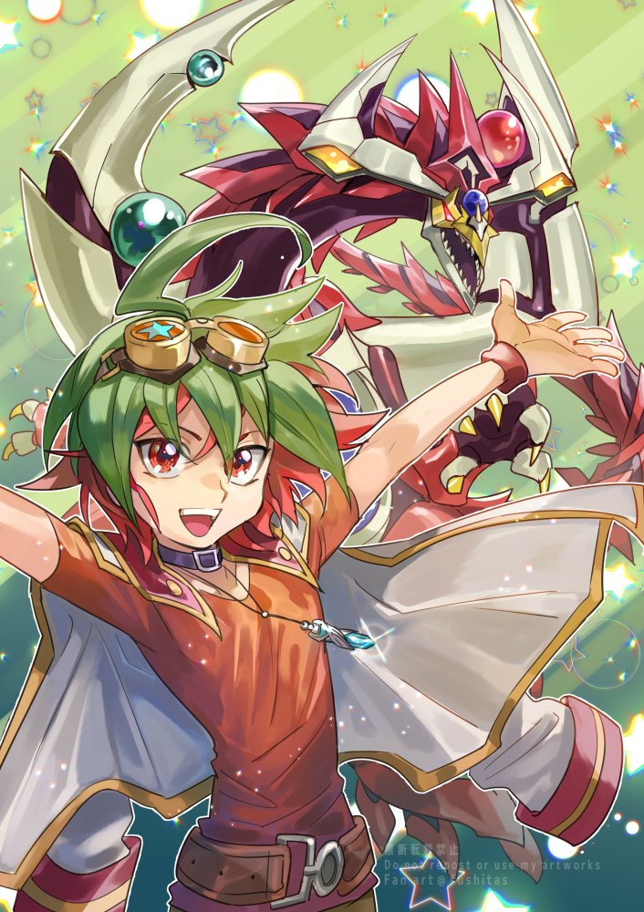 1boy :d ahoge belt brown_belt character_request commentary duel_monster fushitasu goggles goggles_on_head green_hair male_focus open_mouth orange_eyes orange_shirt outstretched_arms repost_notice shirt short_hair short_sleeves smile tongue upper_teeth watermark wristband yu-gi-oh!