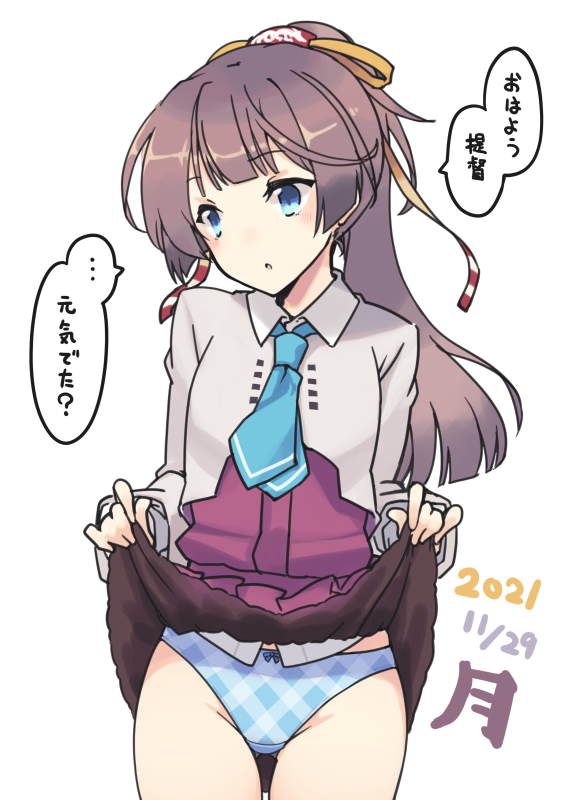 1girl blazer blue_necktie blue_panties brown_hair clothes_lift commentary_request cowboy_shot dress dress_lift grey_eyes hair_ribbon jacket kantai_collection kazagumo_(kancolle) long_hair nakadori_(movgnsk) necktie panties plaid plaid_panties pleated_dress ponytail remodel_(kantai_collection) ribbon school_uniform simple_background solo standing translation_request underwear white_background