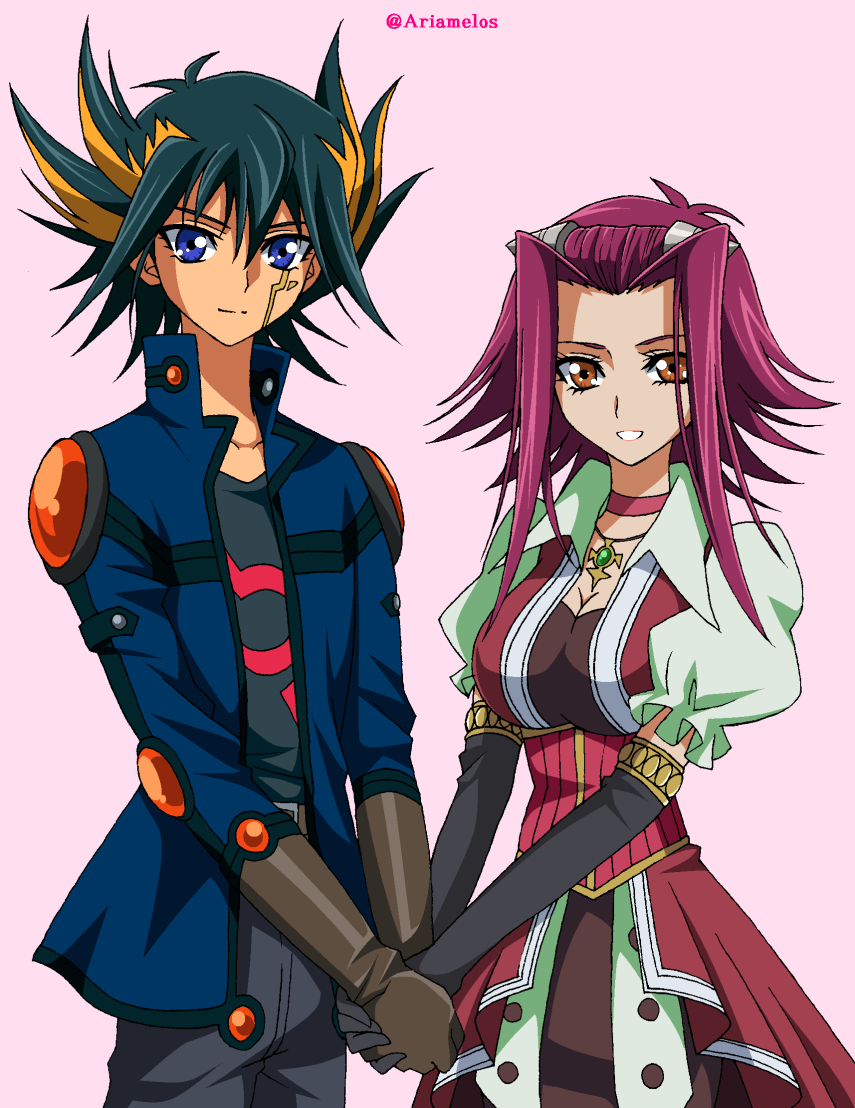 ariamelos couple fudou_yuusei izayoi_aki long_gloves multicolored_hair redhead sidelocks yuu-gi-ou yuu-gi-ou_5d's