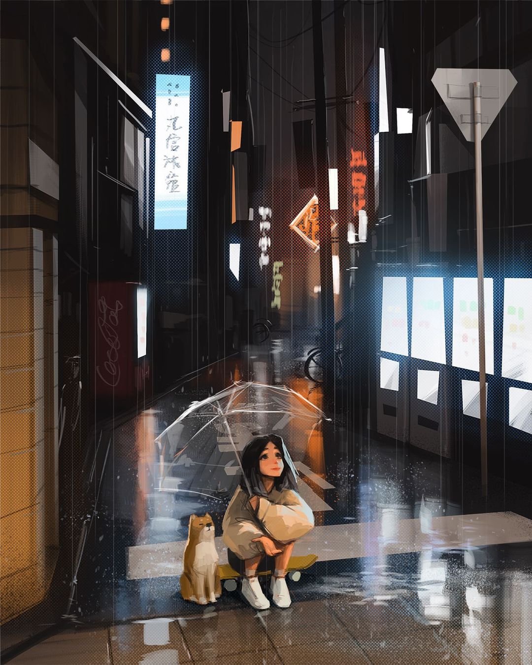 1girl baggy_clothes black_hair city_lights completion_time dog english_commentary highres legs_together looking_up medium_hair neon_lights original rain reflective_water sam_yang_(samdoesarts) shiba_inu shoes sitting skateboard sneakers squatting umbrella white_footwear