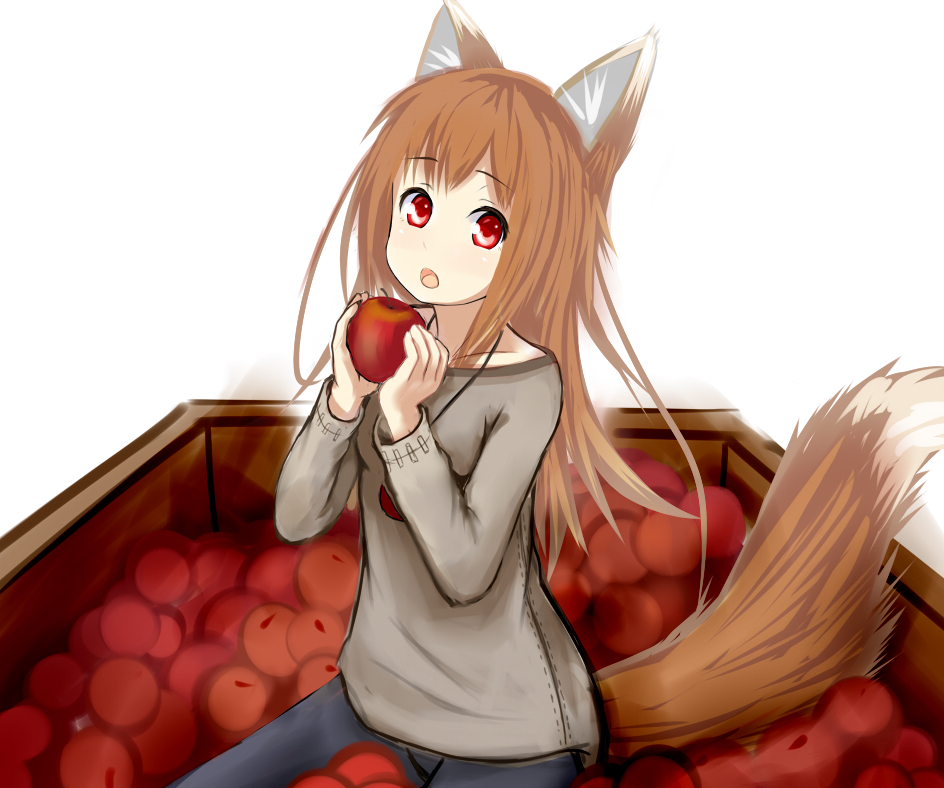 1girl :o animal_ear_fluff animal_ears apple bangs blue_pants brown_hair eyebrows_visible_through_hair food fruit holding holding_food holding_fruit holo kurosuke_(chatnoir_evil) long_hair long_sleeves looking_at_viewer open_mouth pants red_eyes simple_background sitting solo spice_and_wolf tail white_background wolf_ears wolf_tail