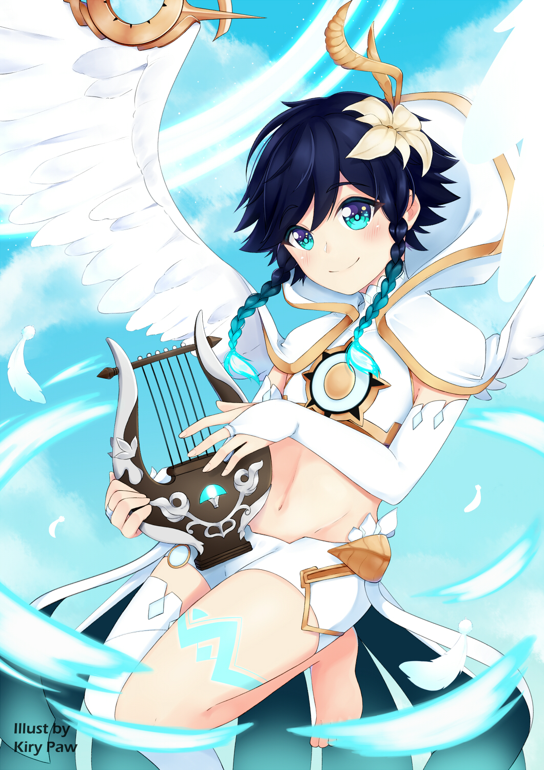 1boy alternate_costume androgynous bangs barefoot black_hair blacky_xiii blue_hair blush braid bridal_gauntlets capelet closed_mouth clouds cloudy_sky crop_top day elbow_gloves eyebrows_visible_through_hair feathered_wings feathers flower genshin_impact gloves gradient_hair green_eyes hair_flower hair_ornament highres holding holding_instrument hood hood_down hooded_capelet instrument leg_tattoo looking_at_viewer lyre male_focus midriff multicolored_hair navel outdoors short_hair_with_long_locks shorts single_thighhigh sky sleeveless smile solo tattoo thigh-highs twin_braids venti_(genshin_impact) white_flower white_legwear white_shorts wings