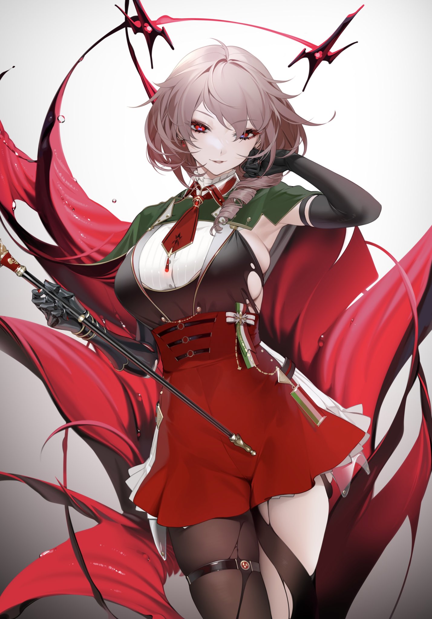 1girl azur_lane bangs black_gloves black_legwear breasts brown_hair collared_shirt contrapposto cowboy_shot drill_hair duca_degli_abruzzi_(azur_lane) earrings elbow_gloves gloves gradient gradient_background grey_background hand_in_hair hand_up highres holding italian_flag jewelry large_breasts looking_at_viewer necktie ohisashiburi parted_lips red_eyes red_neckwear red_skirt ribbon shirt shirt_tucked_in short_hair short_necktie single_leg_pantyhose skindentation skirt sleeveless smile solo standing tagme thigh_strap torn_clothes torn_legwear white_skirt