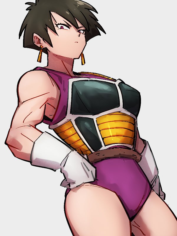 1girl arm_at_side armor black_hair breasts clenched_hand closed_mouth contrapposto cowboy_shot dragon_ball dragon_ball_super dragon_ball_super_broly dragon_ball_z dutch_angle earrings frown gloves gold_earrings grey_background hand_on_hip jewelry kemachiku leotard looking_at_viewer looking_down monkey_tail muscular muscular_female pink_leotard red_eyes saiyan_armor serious seripa shiny shiny_hair short_hair simple_background solo tail tail_around_waist thighs tsurime v-shaped_eyebrows very_short_hair white_gloves