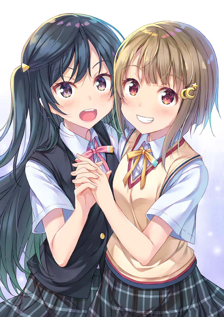 2girls bangs black_hair black_skirt black_vest bow breasts brown_hair collared_shirt commentary_request cowboy_shot dress_shirt eyebrows_visible_through_hair grey_background grey_eyes grin hair_ornament highres holding_hands long_hair looking_at_viewer love_live! love_live!_nijigasaki_high_school_idol_club multiple_girls nakasu_kasumi neck_ribbon nijigasaki_academy_uniform one_side_up open_mouth pink_neckwear pink_ribbon plaid plaid_skirt red_eyes ribbon school_uniform shirt short_hair short_sleeves sidelocks skirt smile symbol_commentary teeth tomo_wakui uniform vest white_shirt yellow_neckwear yellow_ribbon yellow_vest yuri yuuki_setsuna_(love_live!)