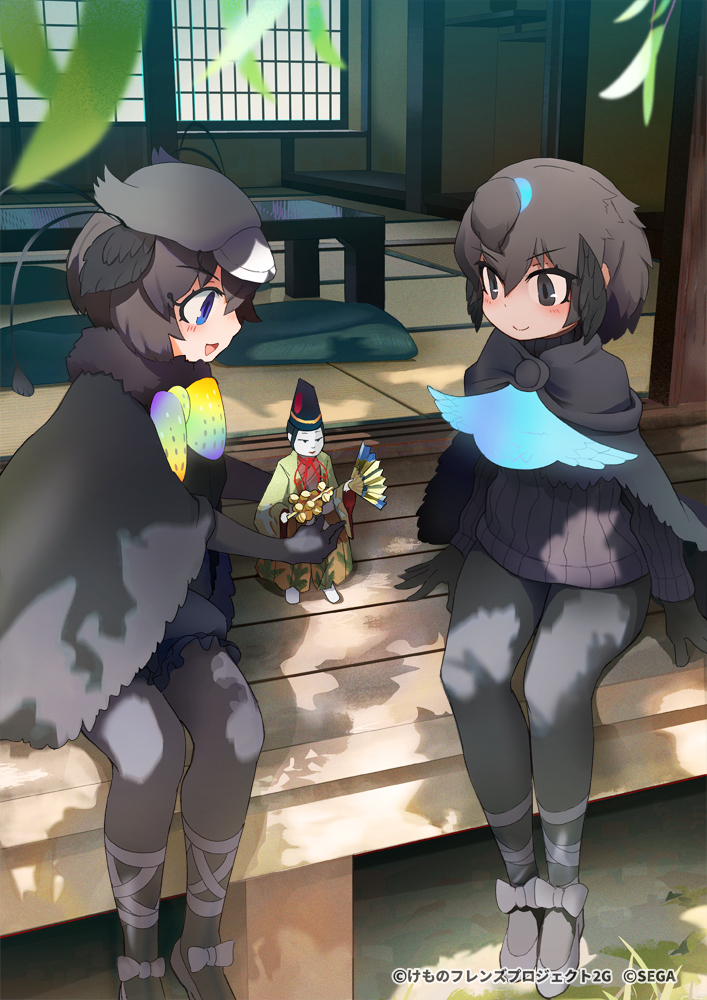 2girls architecture ballet_slippers bird_girl bird_wings black_cape black_footwear black_fur black_gloves black_hair black_legwear black_sweater blue_hair blue_neckwear bow bowtie cape commentary_request doll east_asian_architecture fur_collar gloves greater_lophorina_(kemono_friends) head_wings highlights kemono_friends kemono_friends_3 leggings long_sleeves multicolored_hair multiple_girls official_art saltlaver short_hair sitting sweater western_parotia_(kemono_friends) white_hair wings yellow_neckwear