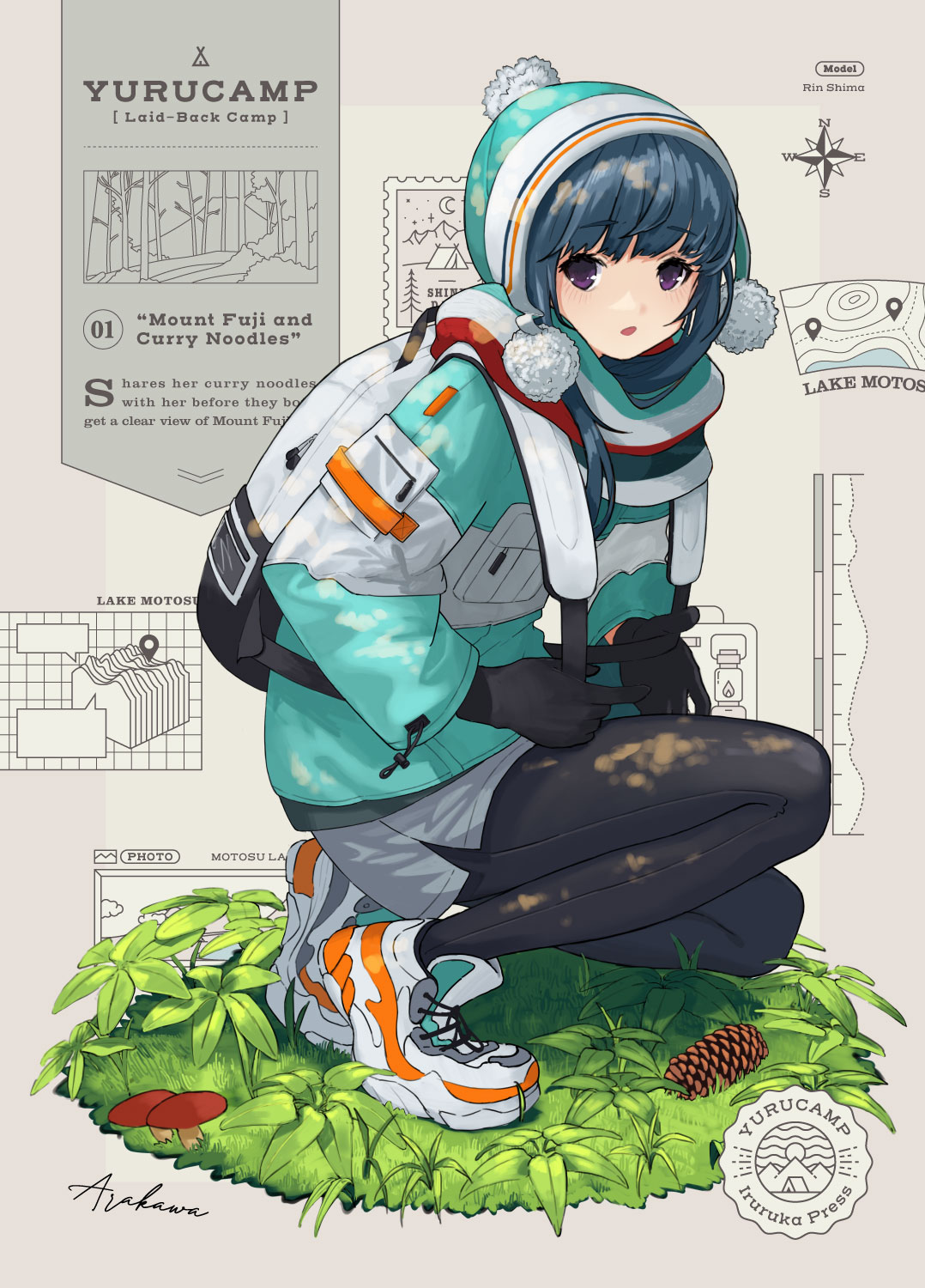 1girl arakawa_(iru_and_ruka) backpack bag bangs black_legwear blue_coat blue_hair clothes) coat english_text eyebrows_visible_through_hair gloves grass highres long_hair looking_at_viewer map multicolored multicolored_clothes mushroom open_mouth pants pinecone shima_rin shoes signature sneakers solo squatting striped_clothes violet_eyes white_bag white_footwear woollen_cap