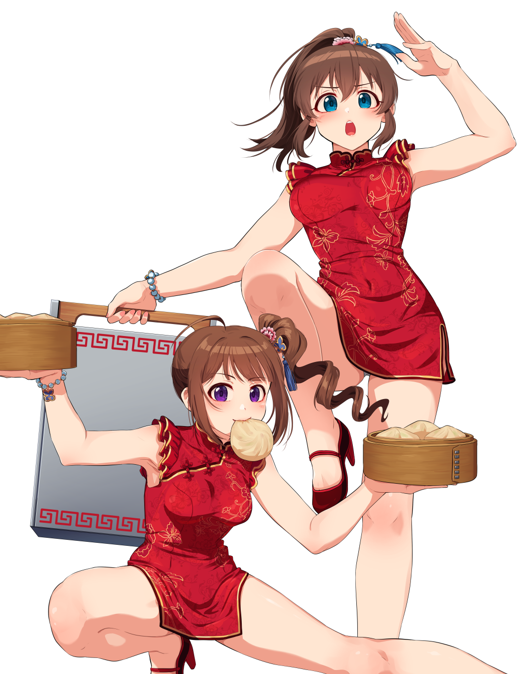 2girls ahoge arm_up bamboo_steamer bangs baozi black_footwear blue_eyes bracelet brown_hair china_dress chinese_clothes commentary covered_navel dress drill_hair fighting_stance floral_print food frown hair_ornament high_heels highres holding idolmaster idolmaster_million_live! jewelry kamille_(vcx68) leg_up looking_at_viewer medium_hair mouth_hold multiple_girls open_mouth ponytail print_dress red_dress satake_minako short_dress side_drill side_ponytail simple_background sleeveless sleeveless_dress squatting standing standing_on_one_leg violet_eyes white_background yokoyama_nao