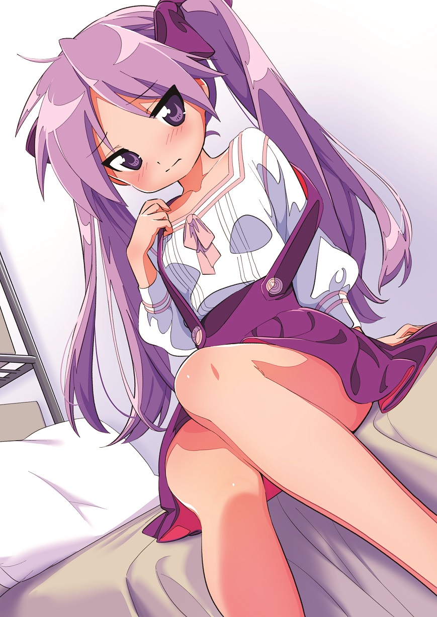 1girl arm_support bangs bare_legs bed bedroom blush bow closed_mouth collarbone commentary_request dutch_angle embarrassed eyebrows_visible_through_hair feet_out_of_frame hair_bow hand_up highres hiiragi_kagami hotaru_iori indoors long_hair long_sleeves looking_at_viewer lucky_star on_bed pillow pink_ribbon puffy_long_sleeves puffy_sleeves purple_bow purple_hair purple_skirt ribbon shirt sitting sitting_on_bed skirt solo suspender_skirt suspenders suspenders_slip twintails very_long_hair violet_eyes white_shirt
