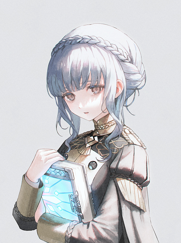 1girl bangs black_jacket book braid commentary crown_braid eotyq58d6do16cs fire_emblem fire_emblem:_three_houses garreg_mach_monastery_uniform grey_background grey_eyes holding holding_book jacket juliet_sleeves long_sleeves looking_at_viewer marianne_von_edmund parted_lips puffy_sleeves short_hair silver_hair simple_background solo upper_body