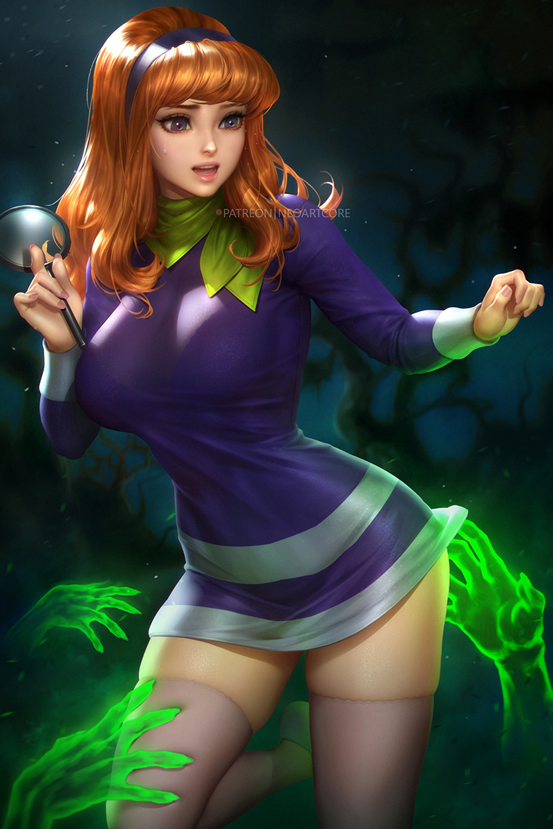 1girl bangs breasts daphne_ann_blake dress ghost green_neckwear hairband hands hands_up large_breasts long_hair long_sleeves magnifying_glass neoartcore open_mouth orange_hair patreon_username pink_legwear pink_nails purple_dress purple_hairband scooby-doo solo thigh-highs violet_eyes watermark