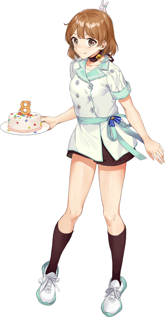 1girl alternate_costume blush brown_eyes buttons cake collarbone drew_(drew213g) eyebrows_visible_through_hair food full_body holding holding_plate kantai_collection kneehighs light_brown_hair oboro_(kancolle) official_art open_mouth plate shirt shoes short_hair short_sleeves shorts smile sneakers solo transparent_background white_legwear white_shirt yellow_shorts