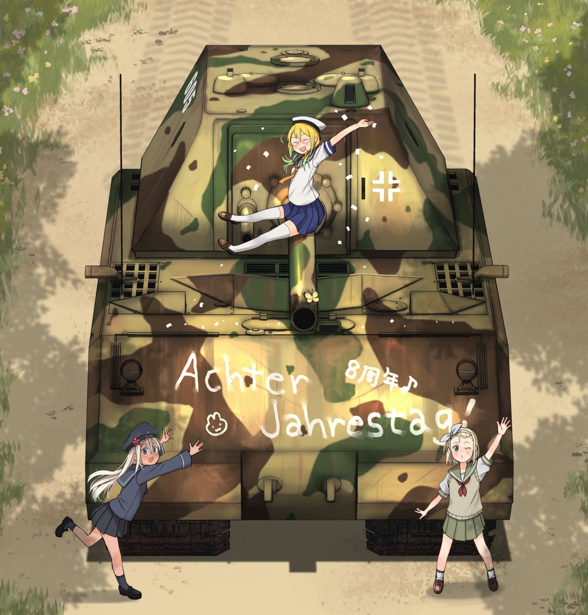 3girls :d annin_musou anniversary black_headwear black_legwear black_skirt blonde_hair blue_eyes blue_sailor_collar blue_skirt blush closed_eyes glasses green_eyes green_sailor_collar green_skirt ground_vehicle hair_between_eyes hat highres i-504_(kancolle) i-8_(kancolle) kantai_collection long_hair luigi_torelli_(kancolle) military military_vehicle motor_vehicle multiple_girls neckerchief one_eye_closed open_mouth orange_neckwear panzerkampfwagen_viii_maus pleated_skirt red-framed_eyewear red_neckwear ro-500_(kancolle) sailor_collar sailor_hat school_uniform serafuku shadow short_hair short_sleeves skirt smile socks tank thigh-highs white_headwear white_legwear