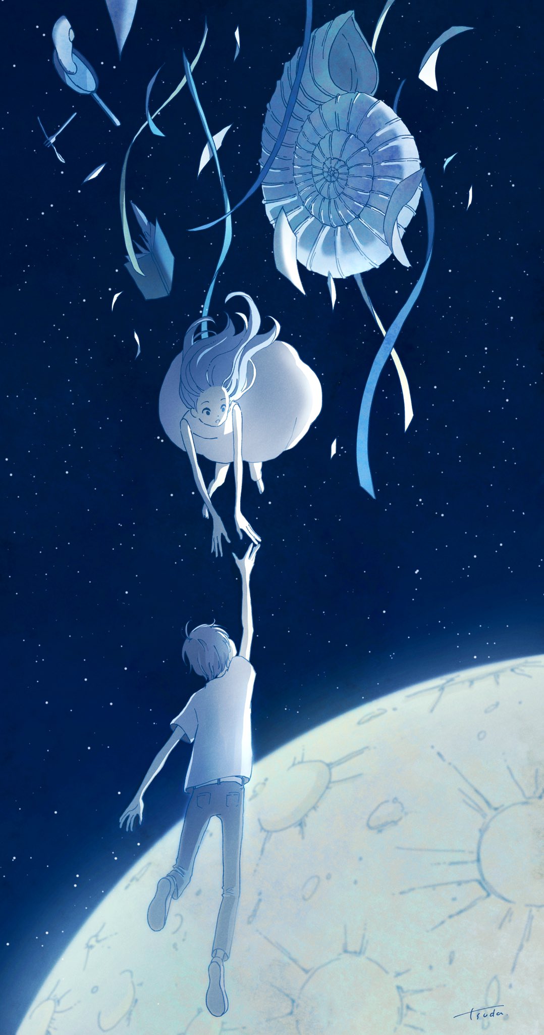 1boy 1girl black_pants blue_ribbon book crater dress floating floating_hair from_behind highres moon original pants ribbon shell shirt short_sleeves signature sky star_(sky) starry_sky surreal white_dress white_shirt yutsukidayo