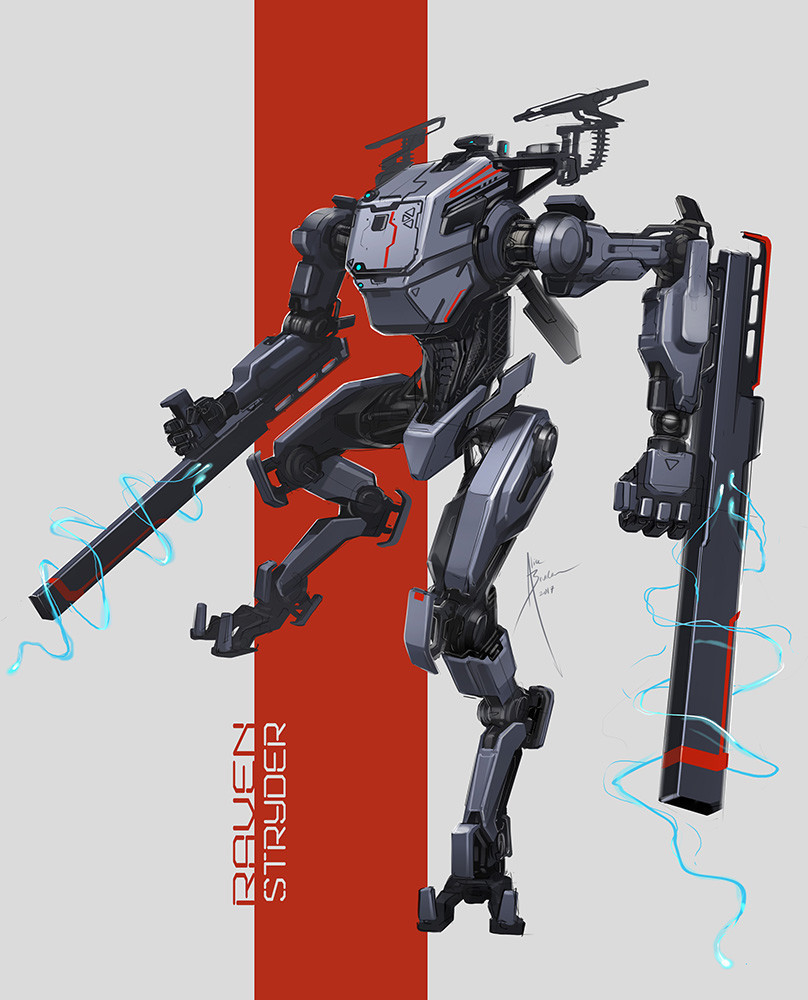 a_motorcycle_with_teeth character_name clenched_hands dual_wielding electricity english_commentary floating holding holding_weapon mecha no_humans solo stryder_(titanfall) titanfall titanfall_(series) tonfa weapon