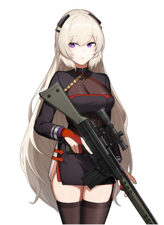 1girl bangs battle_rifle black_dress black_legwear blonde_hair breasts cero_(last2stage) dress eyebrows_visible_through_hair feet_out_of_frame full_body g3_(girls_frontline) girls_frontline gloves gun h&amp;k_g3 large_breasts long_hair long_sleeves looking_at_viewer mod3_(girls_frontline) parted_lips red_gloves rifle simple_background solo standing thigh-highs thighs violet_eyes weapon white_background