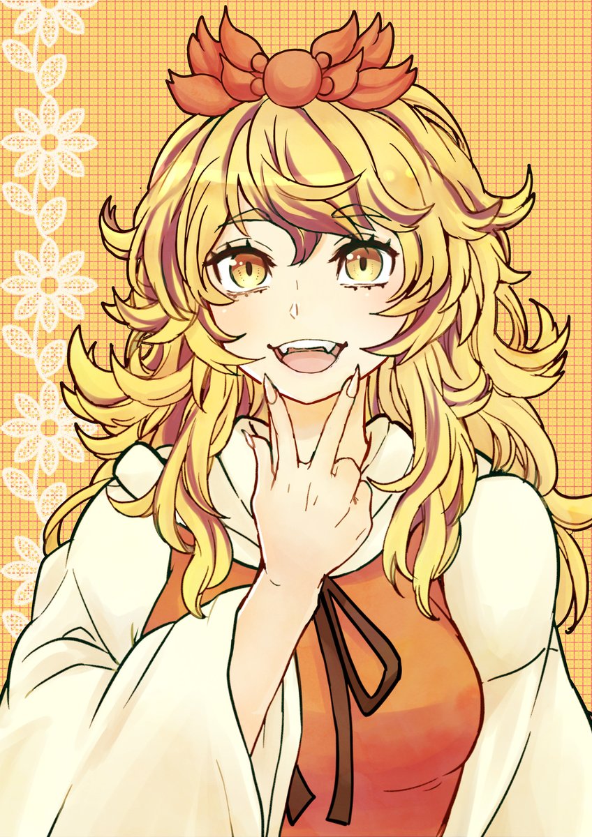 1girl :d blonde_hair breasts floral_background hair_ribbon highres light_blush long_hair medium_breasts multicolored_hair natsushiro open_mouth orange_background ribbon simple_background smile solo streaked_hair toramaru_shou touhou v_over_mouth yellow_eyes