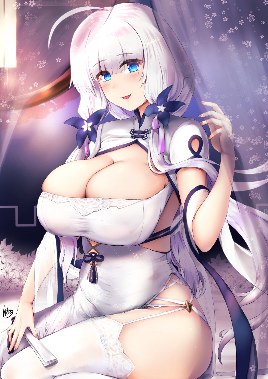 1girl ahoge azur_lane blue_eyes breasts bursting_breasts china_dress chinese_clothes dress eyebrows_visible_through_hair fan folding_fan garter_straps highres holding holding_fan huge_breasts ibara_azuki illustrious_(azur_lane) illustrious_(maiden_lily's_radiance)_(azur_lane) long_hair looking_at_viewer mole mole_under_eye official_alternate_costume short_sleeves signature solo thigh-highs white_dress white_hair white_legwear