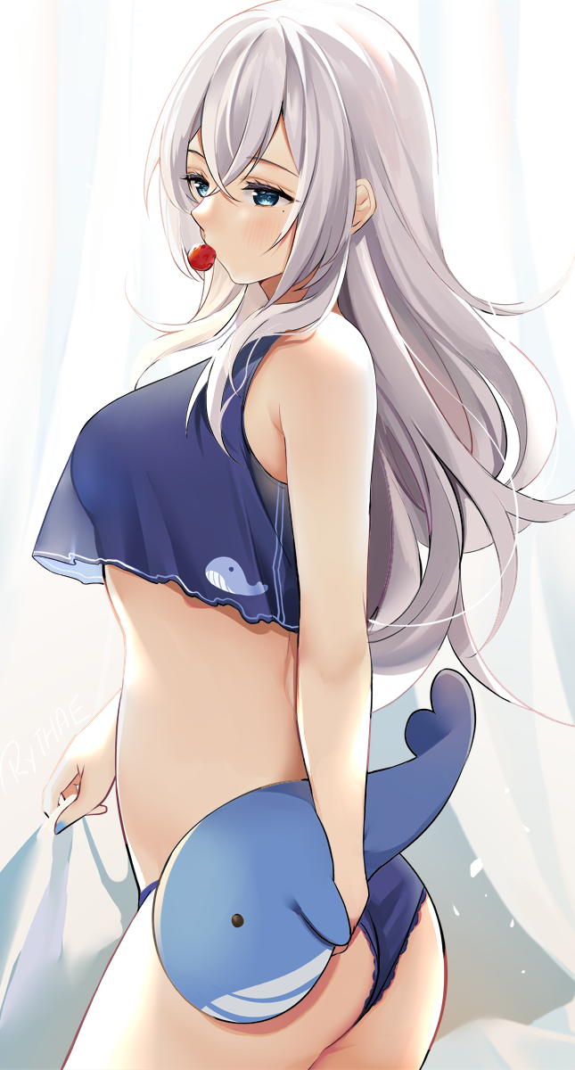 1girl ass bare_arms bare_shoulders blue_eyes blue_panties blue_shirt cowboy_shot crop_top crop_top_overhang highres holding long_hair looking_at_viewer midriff mole mole_under_eye mouth_hold no_pants original panties ry_thae sanyu_(ry_thae) see-through_silhouette shirt silver_hair sleeveless sleeveless_shirt solo standing stuffed_animal stuffed_toy underwear