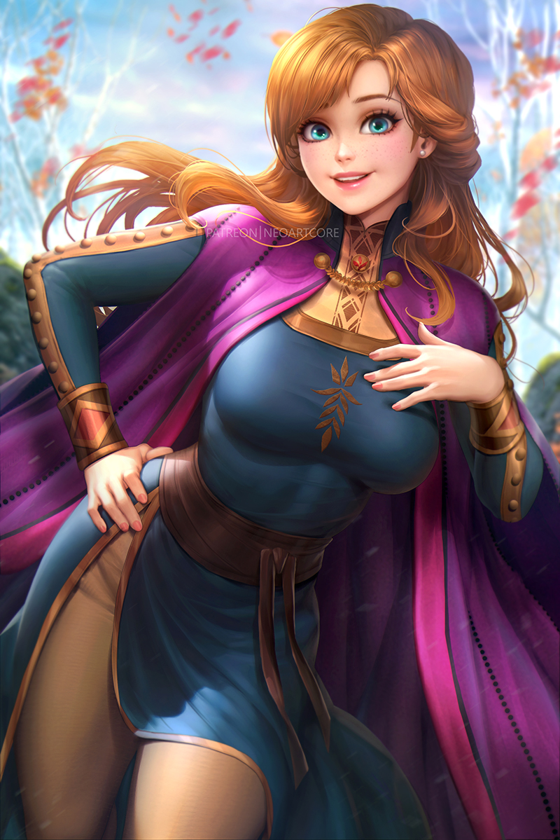 1girl anna_(frozen) aqua_eyes blue_sky blurry blurry_background blush breasts brown_pants cape disney earrings freckles frozen_(disney) hand_on_hip hand_up jewelry long_hair long_sleeves looking_at_viewer neoartcore nipples orange_hair outdoors pants parted_lips pink_nails plant shadow sky smile solo thigh-highs tree
