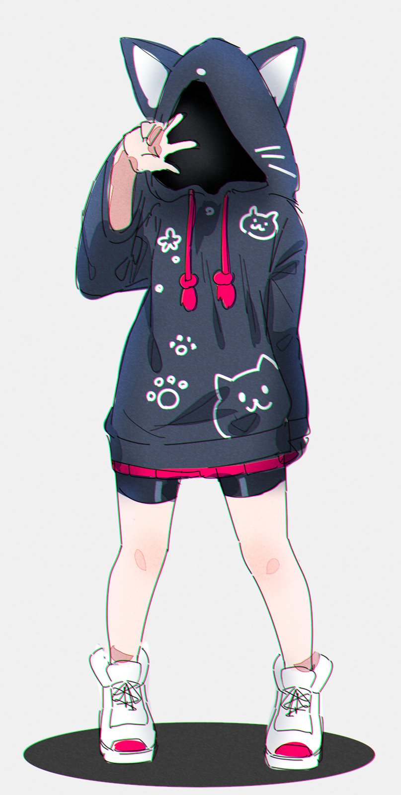 1girl animal_ears animal_hood animal_print bike_shorts black_hoodie cat_hood cat_print chromatic_aberration drawstring faceless faceless_female fake_animal_ears grey_background hand_up highres hood hood_up hoodie kuro_kosyou legs_apart long_sleeves original paw_print shoes simple_background sleeves_past_wrists solo standing