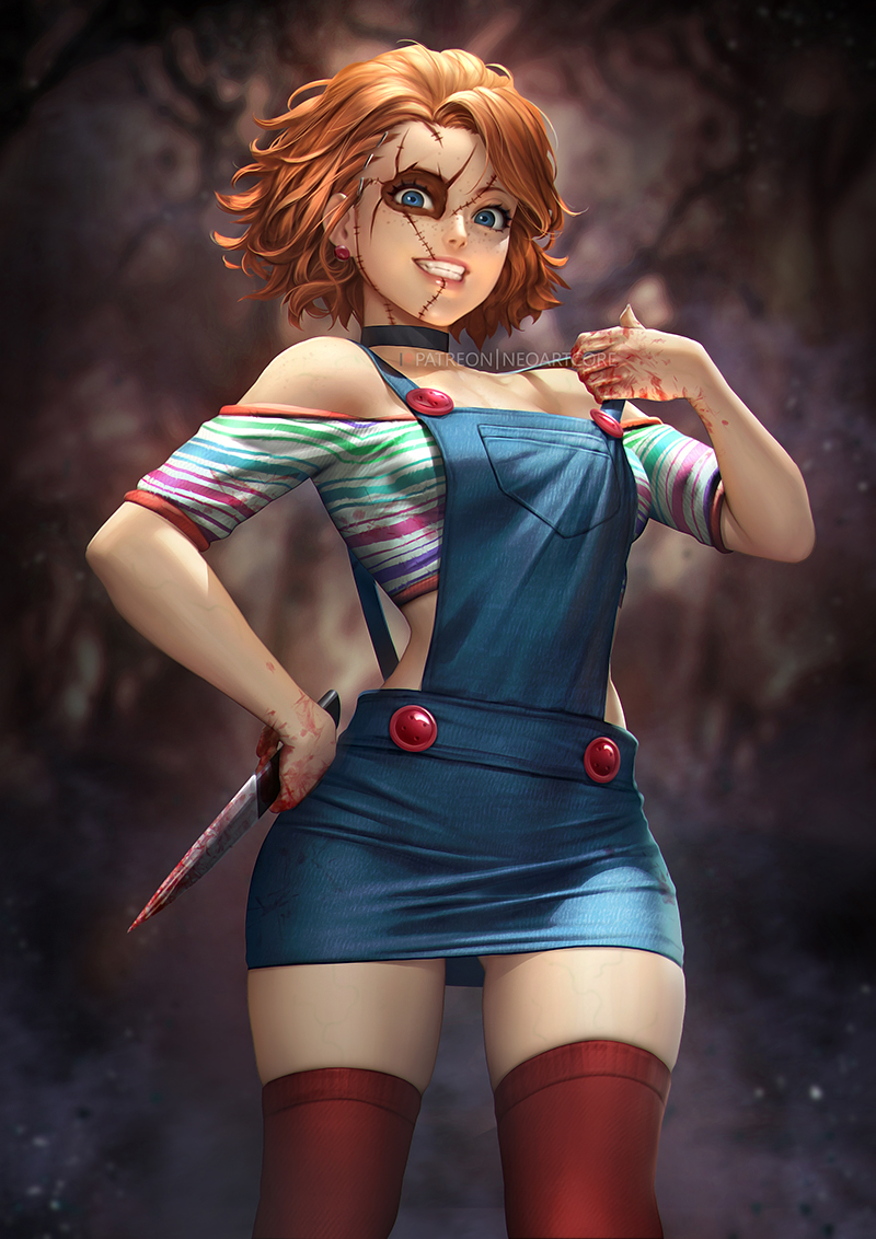 1girl blood bloody_hands blue_eyes blurry blurry_background breasts child's_play choker chucky crop_top earrings evil_smile genderswap genderswap_(mtf) hand_up holding holding_knife jewelry knife looking_at_viewer neoartcore off-shoulder_shirt off_shoulder orange_hair overall_skirt overalls_pull parted_lips print_shirt red_legwear shirt short_hair smile stitched_face striped striped_shirt thigh-highs underwear
