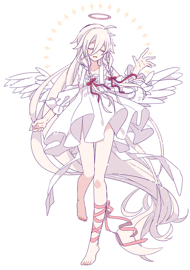 1girl absurdly_long_hair angel_wings bare_shoulders cevio closed_eyes clothing_cutout commentary dress feathered_wings full_body hair_ribbon halo hand_up ia_(vocaloid) leg_ribbon leg_up long_hair open_mouth platinum_blonde_hair red_ribbon ribbon shoulder_cutout side_braids solo very_long_hair vocaloid white_background white_dress wings yoshiki