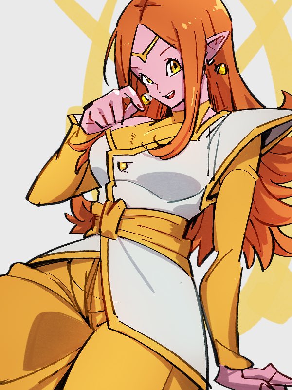 1girl arm_at_side arm_support bangs breasts chronoa colored_skin cowboy_shot diadem dragon_ball dragon_ball_heroes dragon_ball_xenoverse earrings eyelashes fingernails gold_diadem grey_background hand_up happy jewelry kemachiku large_breasts long_hair looking_at_viewer obi open_mouth orange_hair pants pink_skin potara_earrings sash shoulder_pads simple_background smile solo spiky_hair teeth upper_teeth yellow_eyes yellow_pants yellow_sash
