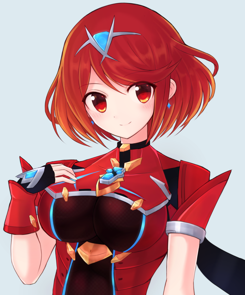 1girl alternate_color bangs black_gloves blush breasts chest_jewel disconnected_mouth earrings eyebrows_visible_through_hair eyes_visible_through_hair fingerless_gloves gloves hand_up jewelry large_breasts looking_at_viewer pyra_(xenoblade) red_eyes redhead short_hair solo super_smash_bros. suta_(clusta) swept_bangs tiara upper_body xenoblade_chronicles_(series) xenoblade_chronicles_2