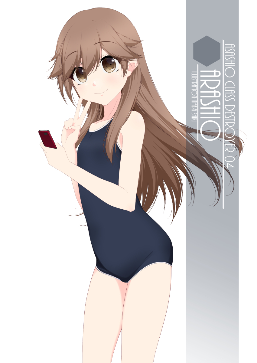 1girl arashio_(kancolle) artist_name blue_swimsuit brown_eyes brown_hair cellphone character_name commentary_request cowboy_shot flat_chest highres inaba_shiki index_finger_raised kantai_collection long_hair looking_at_viewer new_school_swimsuit one-hour_drawing_challenge phone school_swimsuit simple_background solo standing swimsuit white_background