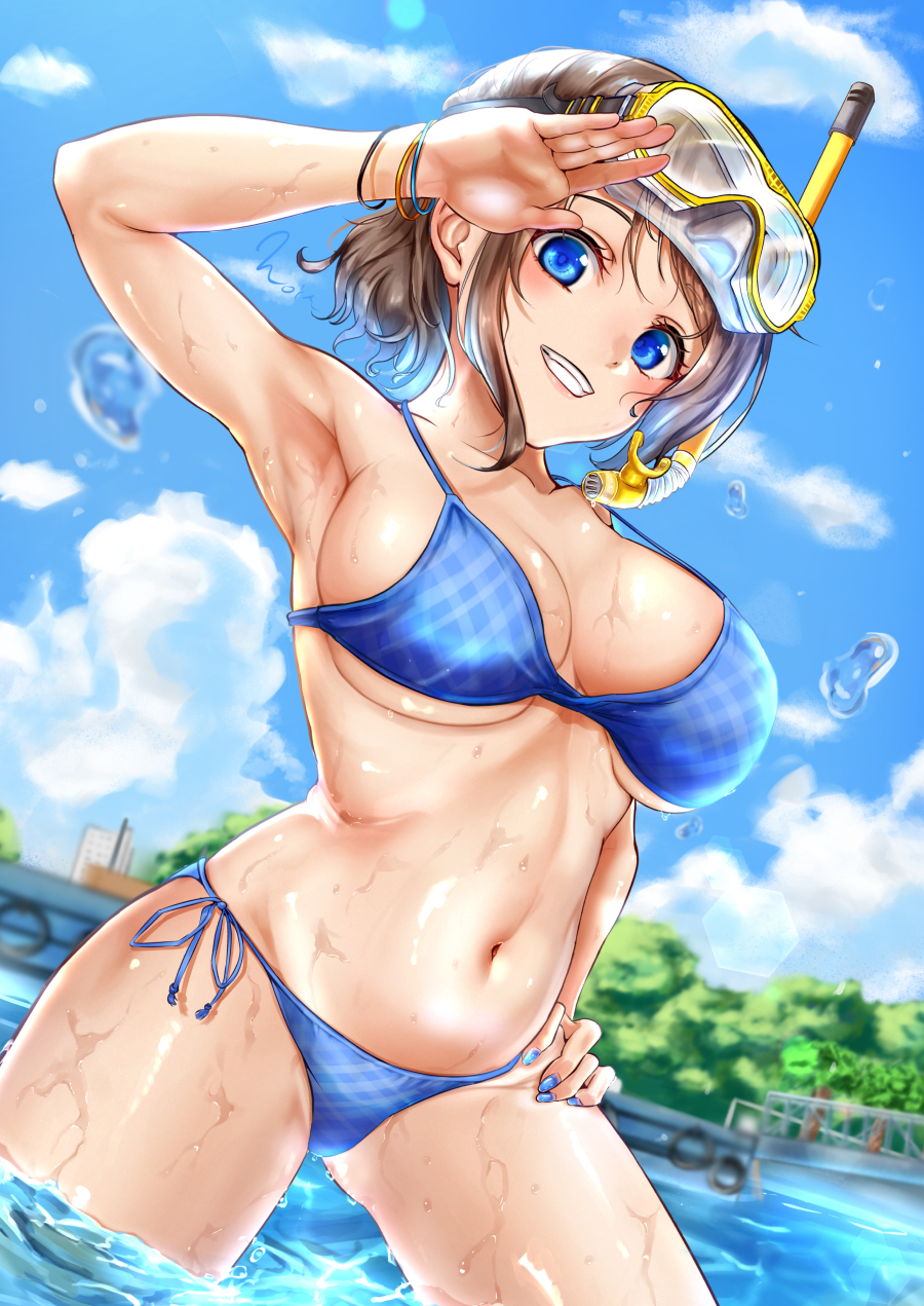 1girl armpits bikini blue_bikini blue_eyes blue_sky boat breasts clouds cowboy_shot day diving_mask diving_mask_on_head dutch_angle goggles goggles_on_head grey_hair grin hand_on_hip highres large_breasts looking_at_viewer love_live! love_live!_sunshine!! mountain nail_polish navel noir_(nowaru) outdoors salute short_hair side-tie_bikini sky smile snorkel soaking_feet solo swimsuit under_boob watanabe_you watercraft