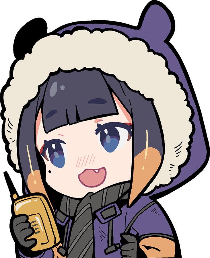 1girl alternate_costume bangs black_gloves black_scarf blue_eyes chibi drawstring eyebrows_visible_through_hair fang gloves hololive hololive_english ninomae_ina'nis ninomae_ina'nis_(artist) open_mouth parka purple_hair scarf talking_on_phone tentacle_hair walkie-talkie