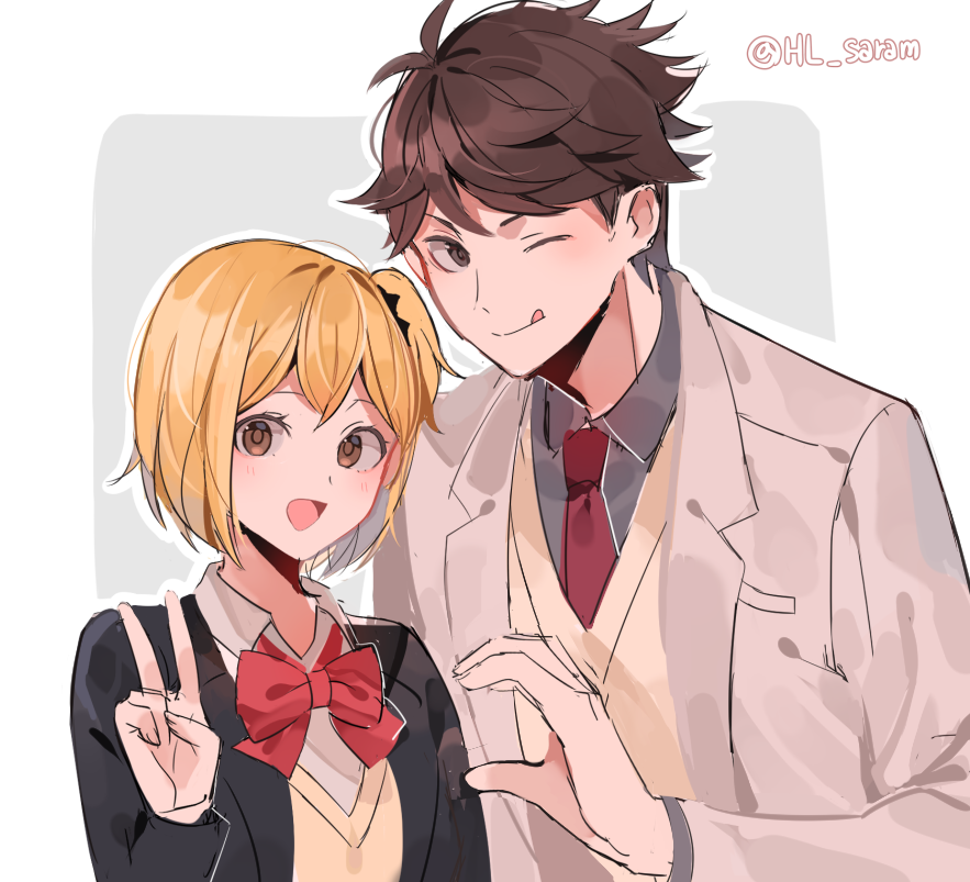 1boy 1girl :d ;q bangs blonde_hair bow bowtie brown_hair grey_shirt haikyuu!! joman looking_at_viewer necktie oikawa_tooru_(haikyuu!!) one_eye_closed one_side_up open_clothes open_mouth school_uniform shirt simple_background smile tongue tongue_out twitter_username v yachi_hitoka