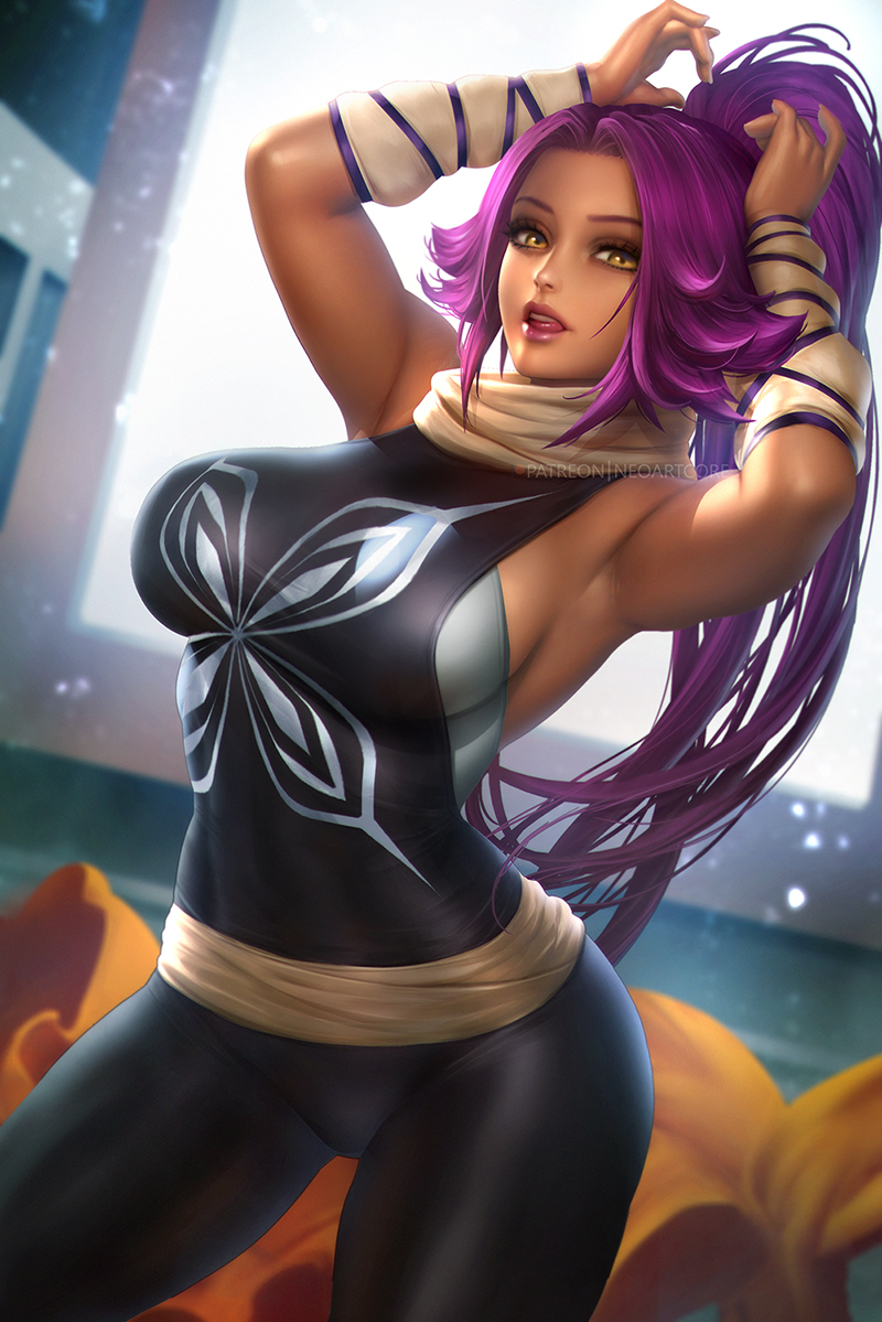 1girl armpits arms_up bleach breasts cowboy_shot dark_skin dark-skinned_female large_breasts long_hair neoartcore open_mouth patreon_username ponytail purple_hair scarf shadow shihouin_yoruichi solo very_long_hair watermark yellow_eyes