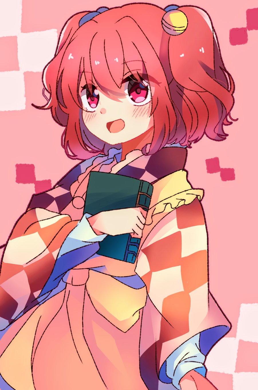 1girl :d apron bangs bell book checkered eyebrows_visible_through_hair hair_bell hair_ornament highres holding holding_book long_sleeves meimei_(meimei89008309) motoori_kosuzu open_mouth pink_background red_eyes redhead smile solo standing symbol_commentary touhou two_side_up upper_body wide_sleeves yellow_apron