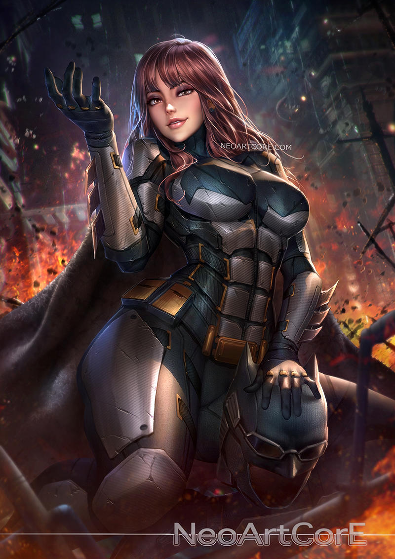 1girl armor artist_name batman breasts brown_hair building commentary fire genderswap genderswap_(mtf) hand_up justice_league large_breasts long_hair looking_at_viewer neoartcore parted_lips smile solo watermark web_address
