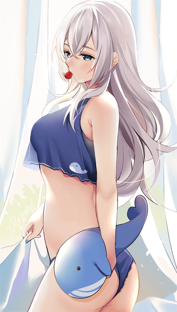 1girl ass bare_arms bare_shoulders blue_eyes blue_panties blue_shirt cowboy_shot crop_top crop_top_overhang holding long_hair looking_at_viewer midriff mole mole_under_eye mouth_hold no_pants original panties ry_thae sanyu_(ry_thae) see-through_silhouette shirt silver_hair sleeveless sleeveless_shirt solo standing stuffed_animal stuffed_toy underwear