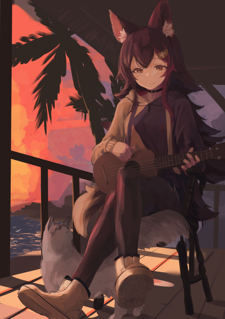 1girl animal_ear_fluff animal_ears bangs black_choker black_hair breasts cat chair choker drawstring flipped_hair hair_between_eyes hair_ornament hairclip hololive instrument long_hair long_sleeves mochiyuki_(gigfor1) multicolored_hair ookami_mio outdoors palm_tree pantyhose redhead shoes sidelocks sitting smile sneakers streaked_hair sunset taiga_(ookami_mio) tail tail_around_leg tail_wrap tree two-tone_hoodie ukulele very_long_hair virtual_youtuber wolf_ears wolf_girl wolf_tail yellow_eyes