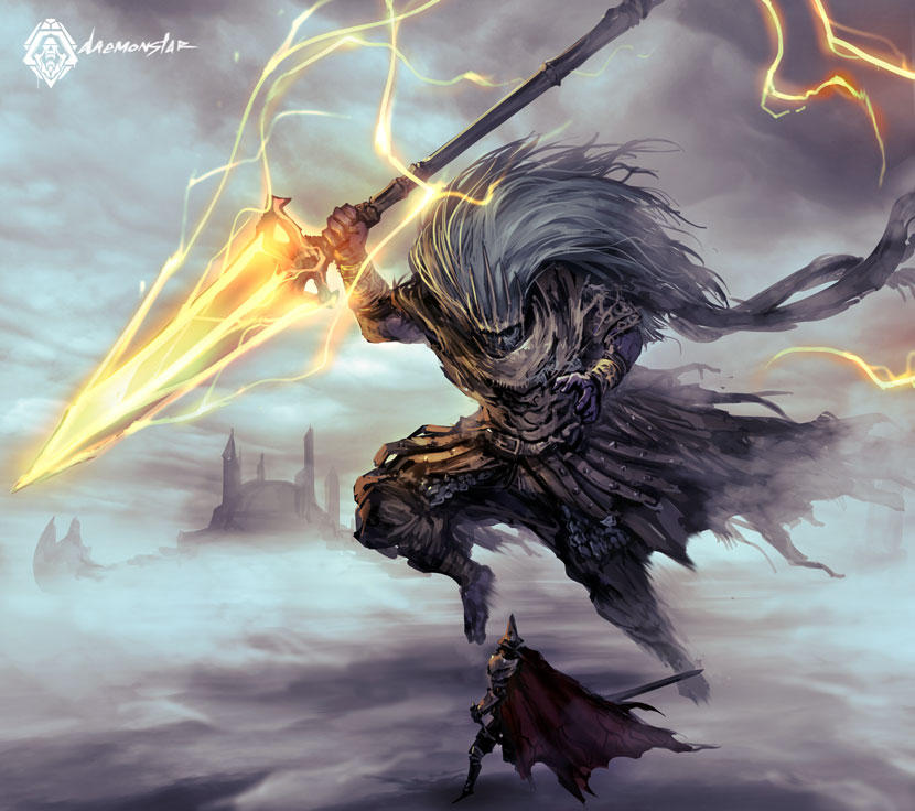 abyss_watcher armor cape clouds cloudy_sky crown daemonstar dark_souls_iii dual_wielding english_commentary holding holding_spear holding_weapon jumping knife long_hair nameless_king overcast polearm signature size_difference sky souls_(from_software) spear sword weapon white_hair wind