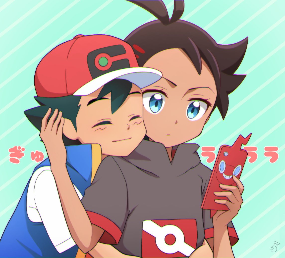 2boys antenna_hair ash_ketchum bangs baseball_cap blue_eyes blue_jacket brown_hair closed_eyes closed_mouth commentary_request eyelashes gen_4_pokemon goh_(pokemon) green_hair hands_up hat holding holding_phone hug hug_from_behind jacket kouzuki_(reshika213) male_focus multiple_boys phone pokemon pokemon_(anime) pokemon_swsh_(anime) rotom rotom_phone shirt short_hair short_sleeves sleeveless sleeveless_jacket smile white_shirt