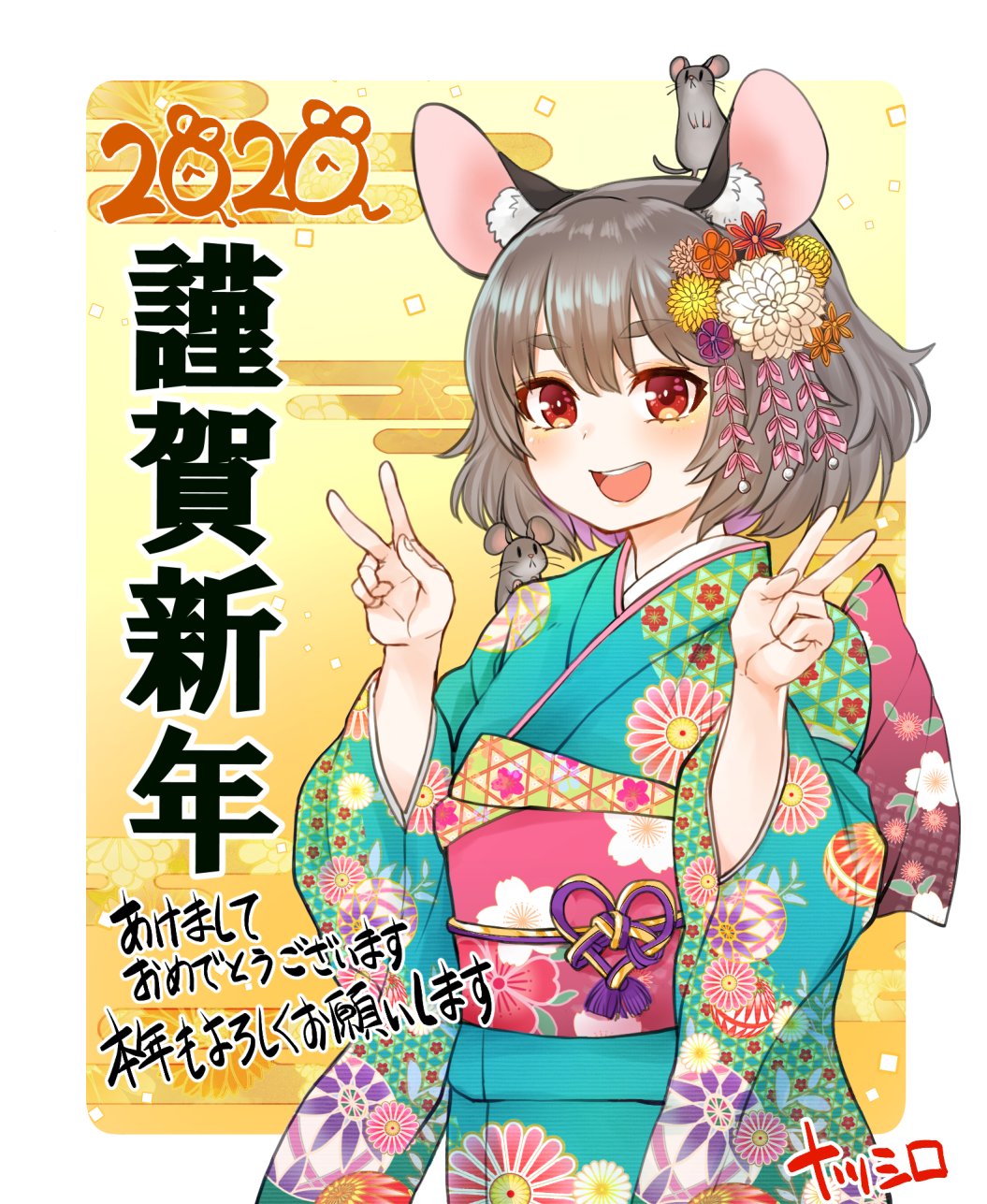 1girl 2020 :d animal_ears double_v floral_print flower grey_hair hair_flower hair_ornament highres japanese_clothes kimono mouse mouse_ears natsushiro nazrin new_year open_mouth red_eyes short_hair simple_background smile solo touhou v wide_sleeves