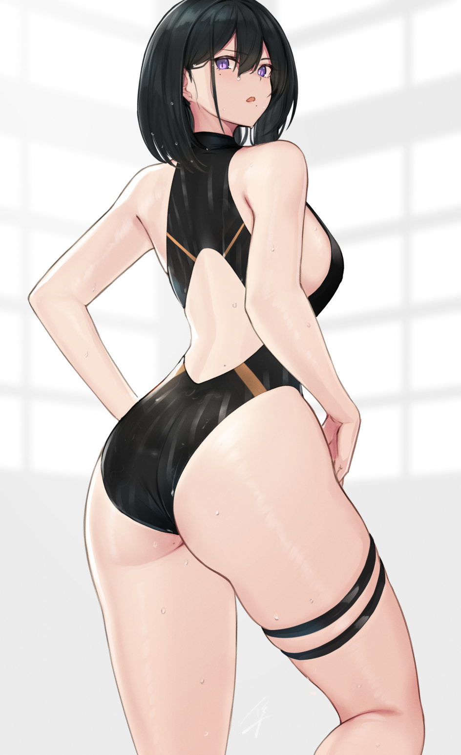 1girl bangs bare_shoulders black_hair black_swimsuit blush breasts hayabusa highleg highleg_swimsuit highres large_breasts looking_at_viewer looking_back mole mole_under_eye open_mouth original short_hair swimsuit thigh_strap violet_eyes wet