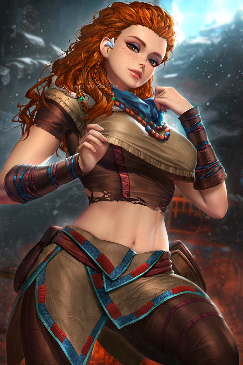 1girl aloy_(horizon) blurry blurry_background braid breasts brown_pants cowboy_shot freckles green_eyes hands_up horizon_zero_dawn jewelry large_breasts long_hair midriff multiple_braids navel necklace neoartcore orange_hair pants parted_lips short_sleeves smile solo