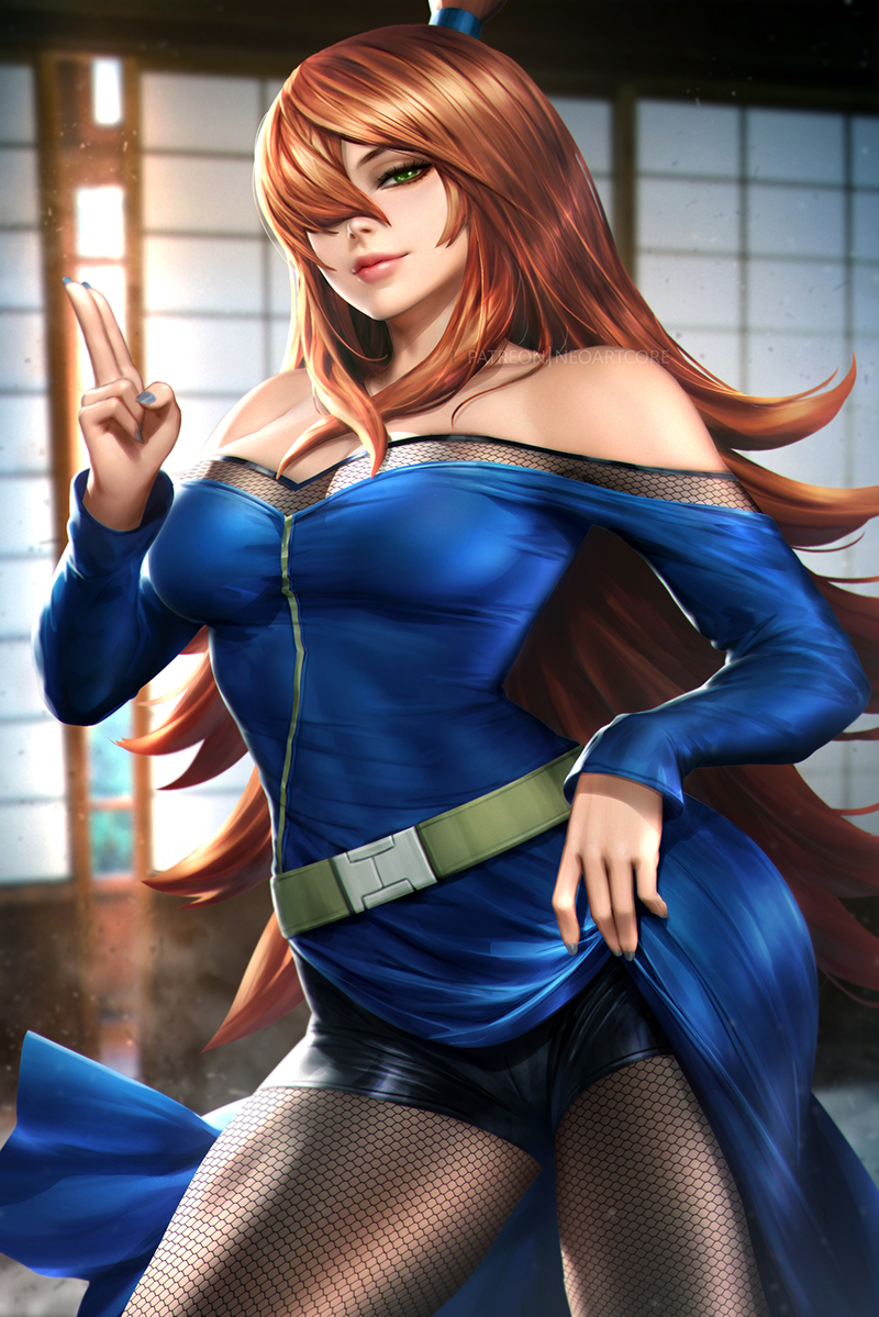 1girl bare_shoulders belt black_shorts blue_dress blue_nails breasts brown_hair dress dress_lift green_eyes hair_bun hair_over_one_eye large_breasts long_hair long_sleeves looking_at_viewer naruto naruto_(series) naruto_shippuuden neoartcore off-shoulder_dress off_shoulder pantyhose patreon_username shorts smile solo terumi_mei very_long_hair watermark