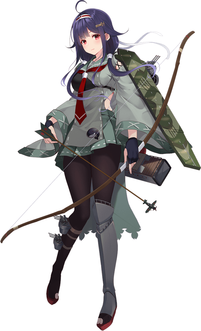 1girl ahoge arrow_(projectile) bow_(weapon) camouflage flight_deck full_body gloves hair_flaps hairband haori japanese_clothes kantai_collection kujou_ichiso low_twintails muneate official_art partially_fingerless_gloves quiver remodel_(kantai_collection) ryuuhou_(kancolle) school_uniform serafuku taigei_(kancolle) transparent_background twintails weapon whale yugake