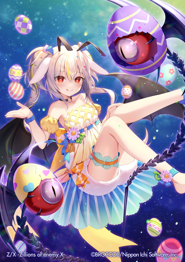 1girl :q animal_ears bangs bare_shoulders barefoot black_choker black_wings blonde_hair breasts character_request choker closed_mouth collarbone commentary_request copyright_name demon_wings detached_sleeves dress easter easter_egg egg eyebrows_visible_through_hair feet_out_of_frame grey_hair hair_between_eyes heart_ring knees_together_feet_apart knees_up looking_at_viewer momoshiki_tsubaki monster multicolored_hair official_art puffy_short_sleeves puffy_sleeves rabbit_ears short_sleeves small_breasts smile solo strapless strapless_dress streaked_hair tongue tongue_out twintails white_dress wings yellow_sleeves z/x